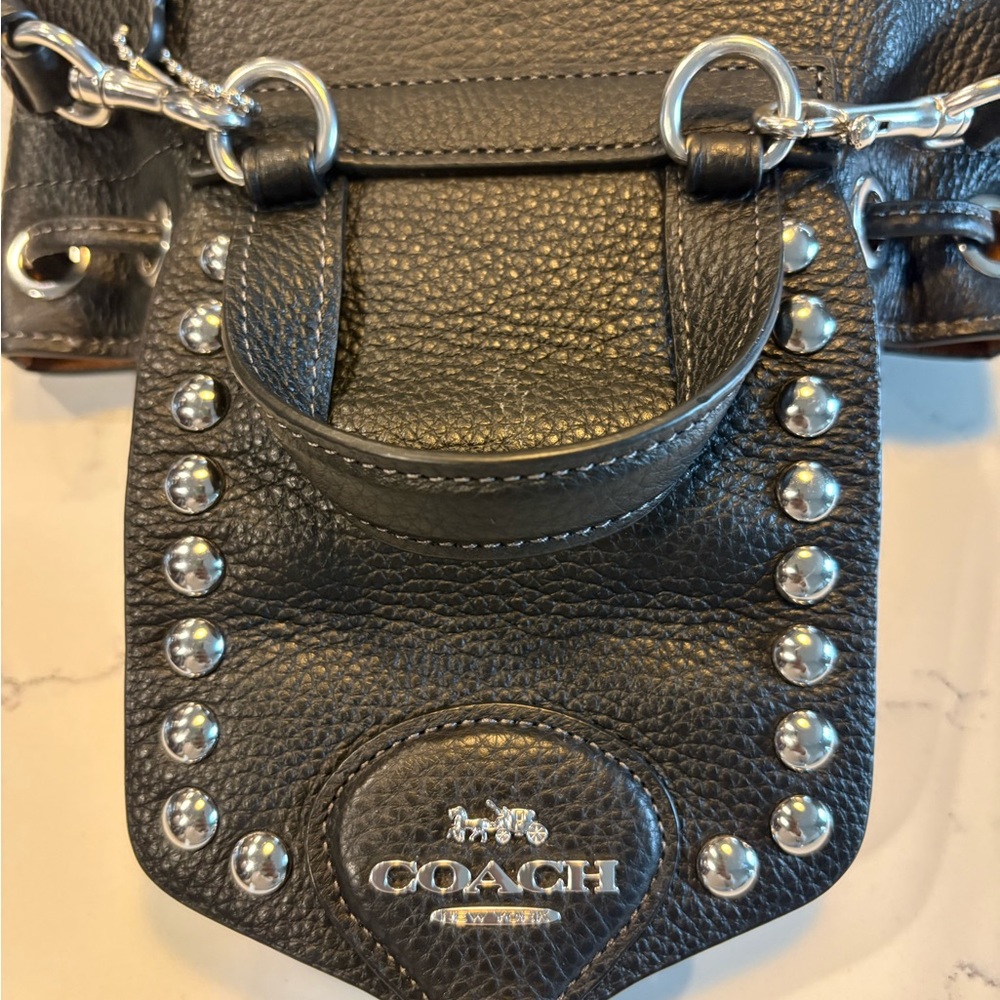 Coach Black Pebbles Leather Studded Drawstring Backpack with Silver Accents - Picture 5 of 11